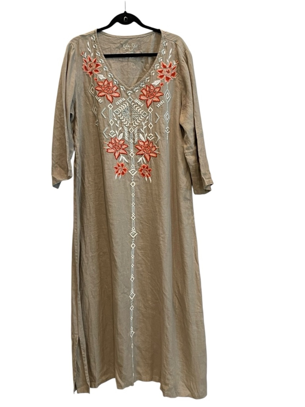 Kyla Seo Embroidered V-Neck Maxi Dress - Beige with Coral Floral Accents XL
